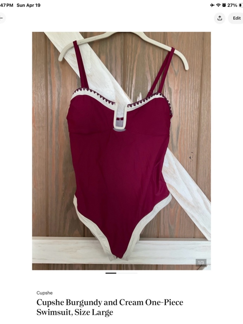 Cupshe Burgundy & Cream One Piece Swimsuit Size Large Contrast Trim - Picture 7 of 7